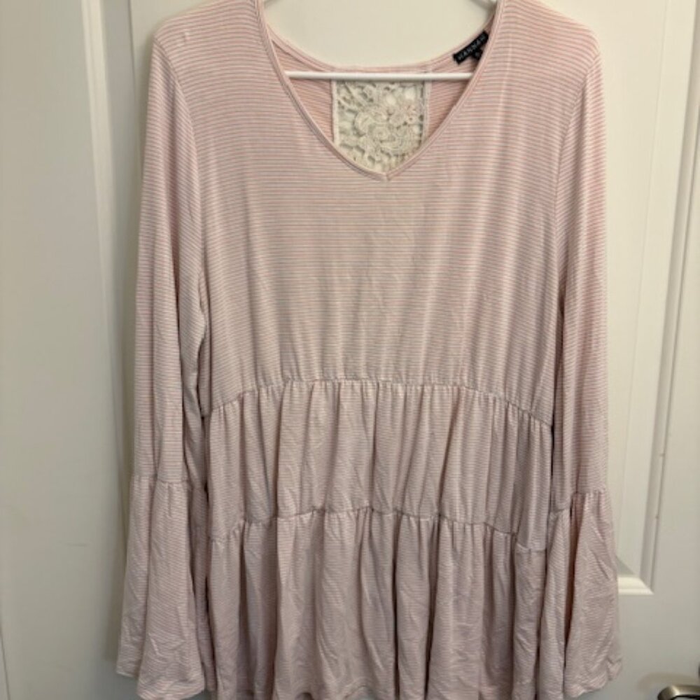 Pink & White Striped Peplum Tunic Top with Lace Detail